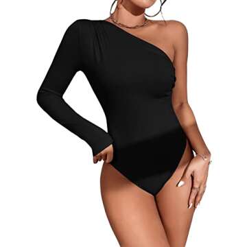Verdusa Women's Sexy One Shoulder Off Rib Knit Thong Bodysuit