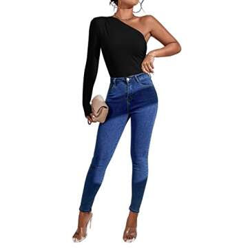 Verdusa Women's Sexy One Shoulder Off Rib Knit Thong Bodysuit