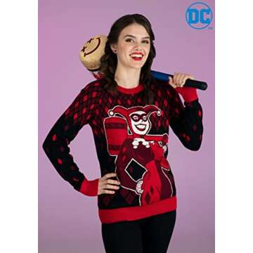 Harley Quinn Ugly Christmas Sweater for Women, DC Comics Superhero Ugly Xmas Sweaters, Red Holiday C...