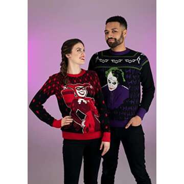 Harley Quinn Ugly Christmas Sweater for Women, DC Comics Superhero Ugly Xmas Sweaters, Red Holiday Crewneck XL