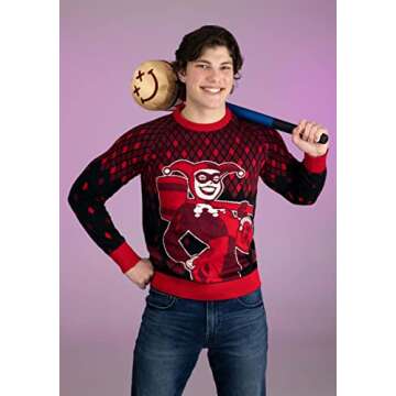Harley Quinn Ugly Christmas Sweater for Women, DC Comics Superhero Ugly Xmas Sweaters, Red Holiday Crewneck XL