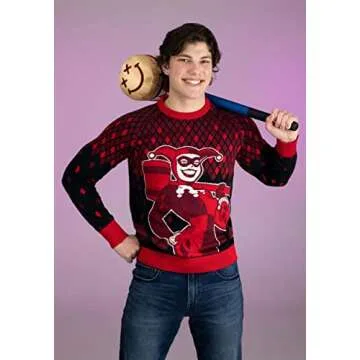 Harley Quinn Ugly Christmas Sweater for Women, DC Comics Superhero Ugly Xmas Sweaters, Red Holiday Crewneck XL