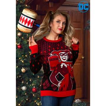 Harley Quinn Ugly Christmas Sweater for Women, DC Comics Superhero Ugly Xmas Sweaters, Red Holiday Crewneck XL