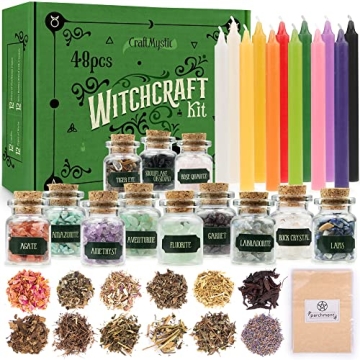 Witchcraft Supplies Kit – Beginner Witch Spells Starter Kit Crystals Jars Dried Herbs and Colored ...