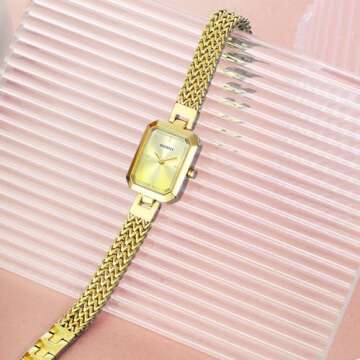 BERNY Gold Watch for Women Easy Resize All Stainless Steel Dainty Bracelet Watch Ladies Rectangle Mini Quartz Wristwatch Small Fashion Waterproof (Gold Dial)