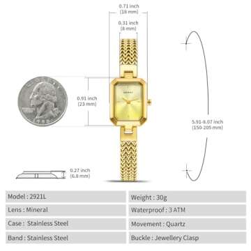 BERNY Gold Watch for Women Easy Resize All Stainless Steel Dainty Bracelet Watch Ladies Rectangle Mini Quartz Wristwatch Small Fashion Waterproof (Gold Dial)