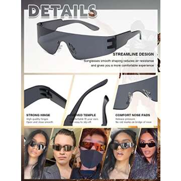 MASDUN Trendy Rimless Futuristic Wrap Around Sunglasses Women Men,Cyberpunk Visor Sunglasses Shades Fashion Eyeglasses (Black/Silver/Blue)