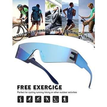 MASDUN Trendy Rimless Futuristic Wrap Around Sunglasses Women Men,Cyberpunk Visor Sunglasses Shades Fashion Eyeglasses (Black/Silver/Blue)