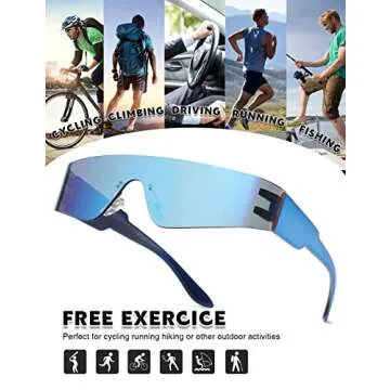 MASDUN Trendy Rimless Futuristic Wrap Around Sunglasses Women Men,Cyberpunk Visor Sunglasses Shades Fashion Eyeglasses (Black/Silver/Blue)