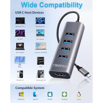 TWOPAN 5 in 1 USB C Hub with 4K HDMI, 4 USB 3.0 Ports, Multiport Adapter for Laptop, MacBook Pro/Air, iMac, iPad, Pixelbook, Thinkpad, XPS and USB-C Devices