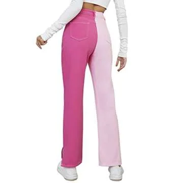 LONGBIDA Baggy Jeans for Women High Waisted Stretch Wide Leg Straight Denim Jeans（Pink,XL）
