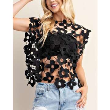 Arssm Women's Floral Lace Vest Summer Hollow Out Crochet Tank Top Sleeveless Pullover Going Out Tops Crewneck Cover Ups(Black-S)
