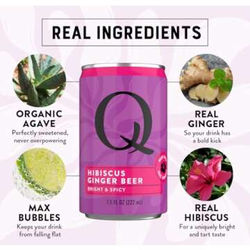 Q HIBISCUS GINGER BEER with Real Ginger, Hibiscus, & Organic Agave - Cocktails & Mocktails - Real Ingredients, Perfectly Carbonated & Less Sweet - 80 Calories per Can - 7.5 Fl Oz Cans (Pack of 24)