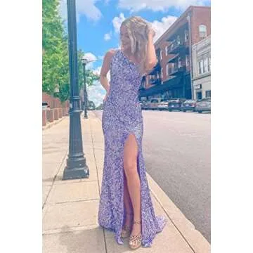 Hot Pink Prom Dresses Long Sequin One Shoulder Formal Dress Sexy Glitter Bodycon Mermaid Evening Gowns with Slit Size 4