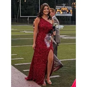 Hot Pink Prom Dresses Long Sequin One Shoulder Formal Dress Sexy Glitter Bodycon Mermaid Evening Gowns with Slit Size 4