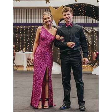 Hot Pink Prom Dresses Long Sequin One Shoulder Formal Dress Sexy Glitter Bodycon Mermaid Evening Gowns with Slit Size 4