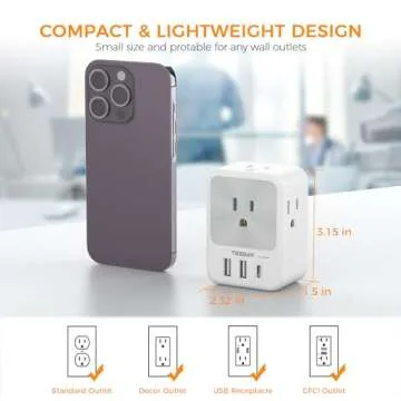 Surge Protector Wall Outlet Extender, TESSAN Multi Plug Outlet Splitter with 3 USB Charging Blocks(1 USB C), Multi Plug Wall Charger for Home, Office, School, College Dorm Essentials