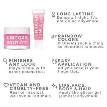 UNICORN SNOT Holographic Glitter Lip Gloss & Gel - Cosmetic Grade Hair, Face or Body Glitter - Christmas Gifts Ideas, Stocking Stuffers, Christmas Glitter Makeup for Holiday Face Paint (Pink)