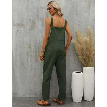 Gihuo Women's Linen Overalls Loose Fit Baggy Bib Overalls Wide Leg Jumpsuit