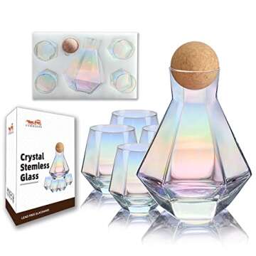 CUKBLESS Wine Decanter, Wine Glasses Set of 4, Diamond Iridescent Wine Carafe With Cork Ball Stopper, Hand Blown Glass, for Wine Lovers