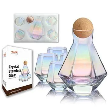 CUKBLESS Wine Decanter, Wine Glasses Set of 4, Diamond Iridescent Wine Carafe With Cork Ball Stopper, Hand Blown Glass, for Wine Lovers