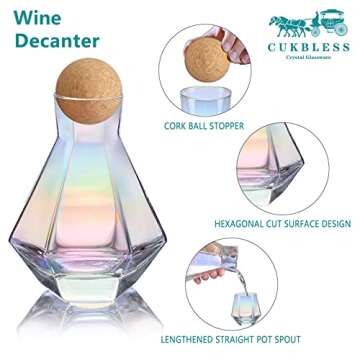 CUKBLESS Wine Decanter, Wine Glasses Set of 4, Diamond Iridescent Wine Carafe With Cork Ball Stopper, Hand Blown Glass, for Wine Lovers