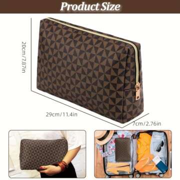 EVDIAGD Large Checkered Brown Makeup Bag - Retro Leather Cosmetic Pouch for Women - Travel makeup bag- Christmas Gift for Girlfriend,Wife,Mother.