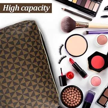 EVDIAGD Large Checkered Brown Makeup Bag - Retro Leather Cosmetic Pouch for Women - Travel makeup bag- Christmas Gift for Girlfriend,Wife,Mother.