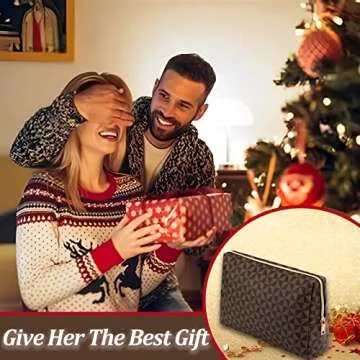 EVDIAGD Large Checkered Brown Makeup Bag - Retro Leather Cosmetic Pouch for Women - Travel makeup bag- Christmas Gift for Girlfriend,Wife,Mother.