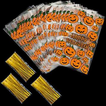 HESTYA 50 Counts 15 x 25 cm Flat Clear Cellophane Treat Bags Block Bottom Pumpkin Halloween Patterne...