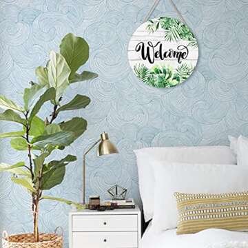 CHDITB Tropical Green Palm Leaves Welcome Sign Wall Decor(12''x12''), Botanical Plant Wooden Hanging Sign, Welcome Summer Door Decor for Home Office Farmhouse Yard Garden Classroom