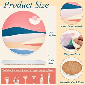 Set of 8 Absorbent Ceramic Coasters Boho Coasters with Cork Base Farmhouse Round Drink Coasters for ...