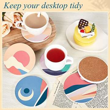 Set of 8 Absorbent Ceramic Coasters Boho Coasters with Cork Base Farmhouse Round Drink Coasters for Coffee Table Wooden Desk Mugs and Cups Kitchen Home Decor Housewarming Gifts, 4 Inch