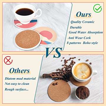 Set of 8 Absorbent Ceramic Coasters Boho Coasters with Cork Base Farmhouse Round Drink Coasters for Coffee Table Wooden Desk Mugs and Cups Kitchen Home Decor Housewarming Gifts, 4 Inch