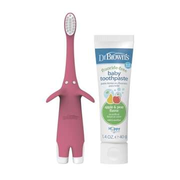 Dr. Brown's Infant-to-Toddler Training Toothbrush Set, Pink Elephant with Fluoride-Free Apple Pear B...