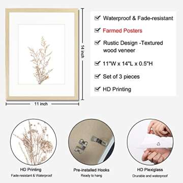 Botanical Wall Art Framed, Boho Farmhouse Decor, Rustic Plant Pictures Paintings, Modern Minimalist Theme Prints Ready To Hang for Living Room Bedroom Bathroom Kitchen Decor (11x14Inch,Framed Art)