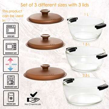 Moss & Stone 3-Piece Glass Casserole With Covered, 2.6/1.5/1 Qt Durable Bakeware Set, Borosilicate G...