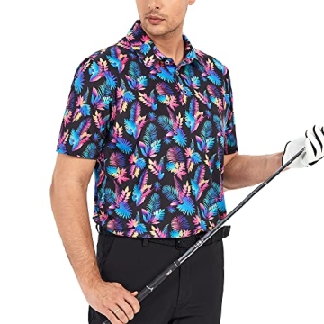 Esabel.C Golf Shirts for Men Dry Fit Performance Short Sleeve Print Moisture Wicking Collared Shirt,Black,XL