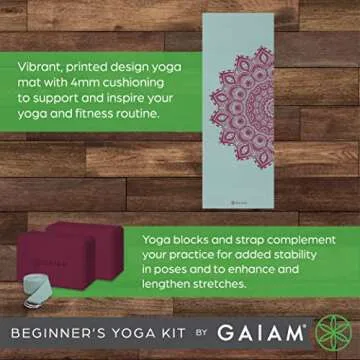 Gaiam Beginner's Yoga Starter Kit Set (Yoga Mat, Yoga Blocks, Yoga Strap) - Light 4mm Thick Printed Non-Slip Exercise Mat for Everyday Yoga - Includes 6ft Yoga Strap & 2 Yoga Bricks - Lagoon Mandala