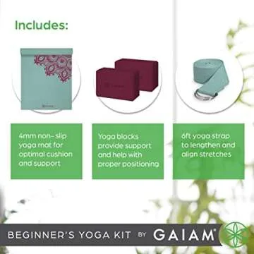 Gaiam Beginner's Yoga Starter Kit Set (Yoga Mat, Yoga Blocks, Yoga Strap) - Light 4mm Thick Printed Non-Slip Exercise Mat for Everyday Yoga - Includes 6ft Yoga Strap & 2 Yoga Bricks - Lagoon Mandala