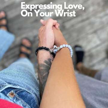 Set Of 2 Couples Bracelet Magnetic Healing Natural Bead Stone Stretch Bracelet Unisex Anniversary, Friendship, Valentine, Christmas Gift (Black+Howlite, With Luxury Giftbox)