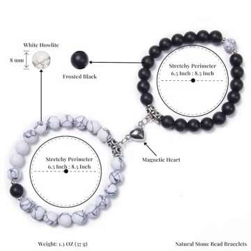Set Of 2 Couples Bracelet Magnetic Healing Natural Bead Stone Stretch Bracelet Unisex Anniversary, Friendship, Valentine, Christmas Gift (Black+Howlite, With Luxury Giftbox)