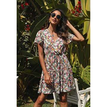 Manydress Women's Casual Floral Print Flutter Sleeve Baby Doll Mini Flowy Swing Boho Dress MY090 (Pink, S)