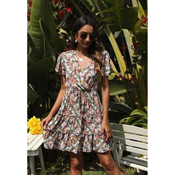 Manydress Women's Casual Floral Print Flutter Sleeve Baby Doll Mini Flowy Swing Boho Dress MY090 (Pink, S)