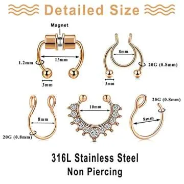 VitaCool Magnetic Septum Nose Ring - 20 Colors & Styles Set
