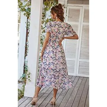 PRETTYGARDEN Women's Summer Floral Boho Dress Wrap V Neck Short Sleeve Ruffle A-Line Flowy Maxi Wedding Guest Dresses