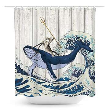 Coxila Funny Cat Shower Curtain Kids Boys Fun Cool Unique Ocean Mens Novelty Adult Anime Japanese Weird Whimsical Teen Whale Animal Toddler Sea Summer Art 60 x 72 Inch Polyester Fabric 12 Pack Hooks