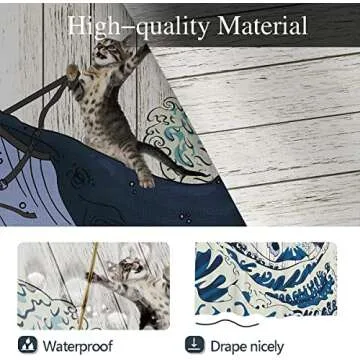 Coxila Funny Cat Shower Curtain Kids Boys Fun Cool Unique Ocean Mens Novelty Adult Anime Japanese Weird Whimsical Teen Whale Animal Toddler Sea Summer Art 60 x 72 Inch Polyester Fabric 12 Pack Hooks