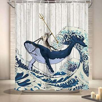 Coxila Funny Cat Shower Curtain Kids Boys Fun Cool Unique Ocean Mens Novelty Adult Anime Japanese Weird Whimsical Teen Whale Animal Toddler Sea Summer Art 60 x 72 Inch Polyester Fabric 12 Pack Hooks