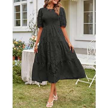 MEROKEETY Women's 2024 Summer Puff Sleeve Smocked Floral Dress Crewneck Lace Flowy Tiered Midi Dresses